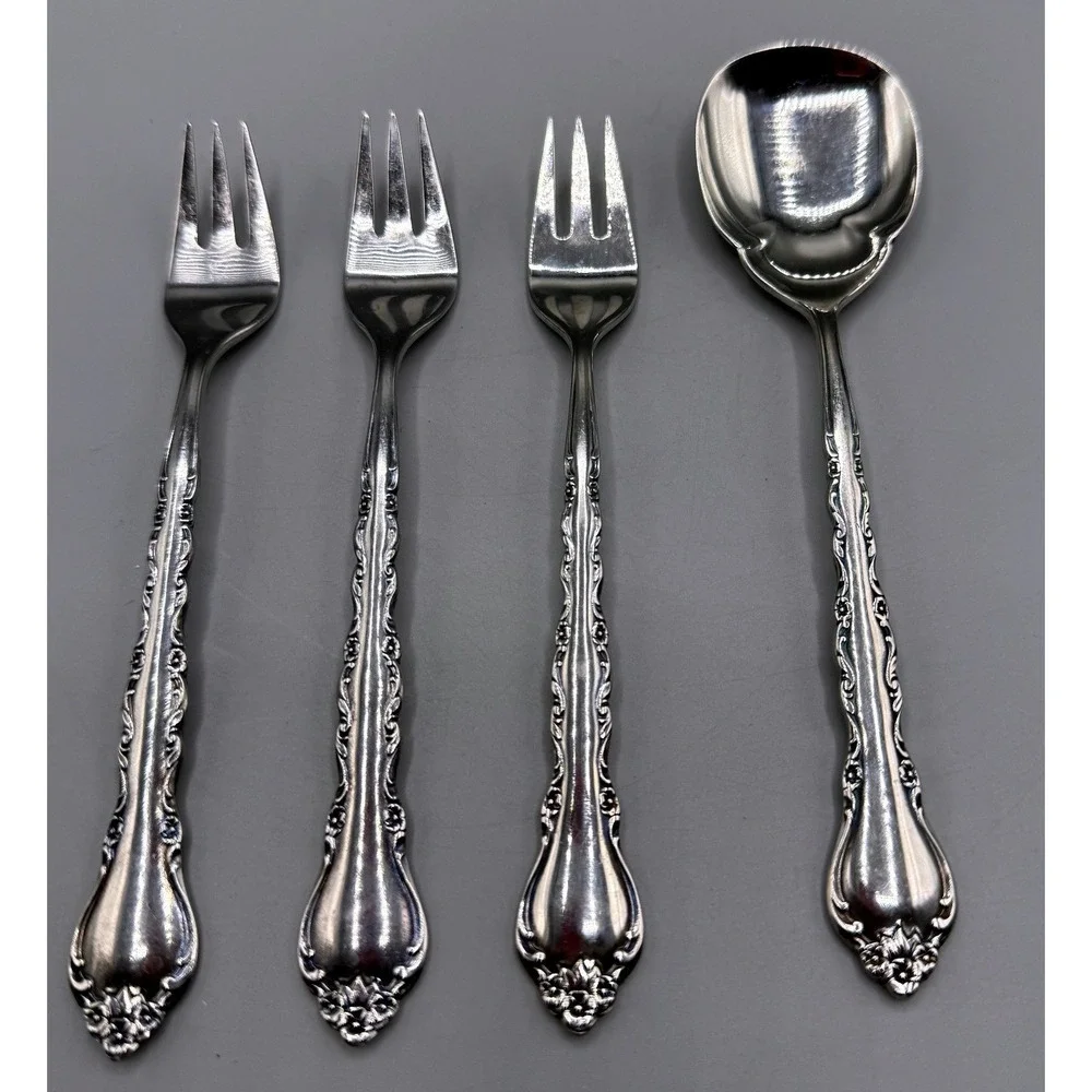 International Silver Gigi Stainless Deluxe 3 Cocktail Forks 1 Sugar Spoon 4pc